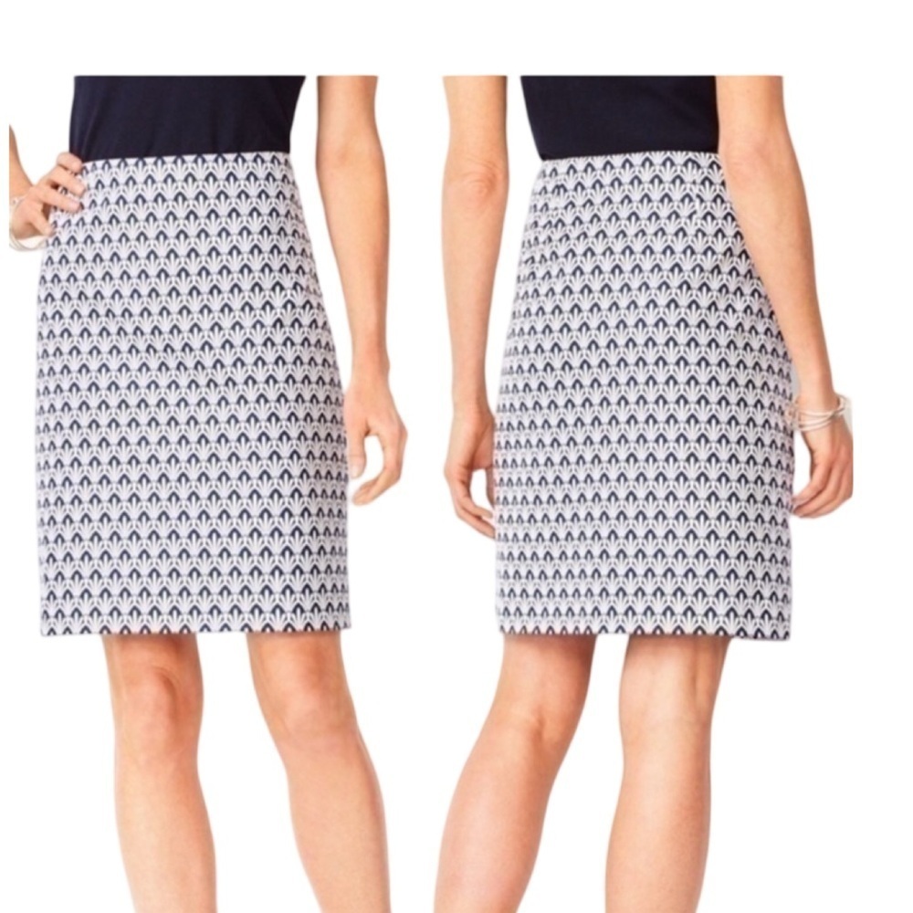 Talbots Cotton Canvas Skirt Blue & White Fan Print A-Line Classic Skirt Size 8